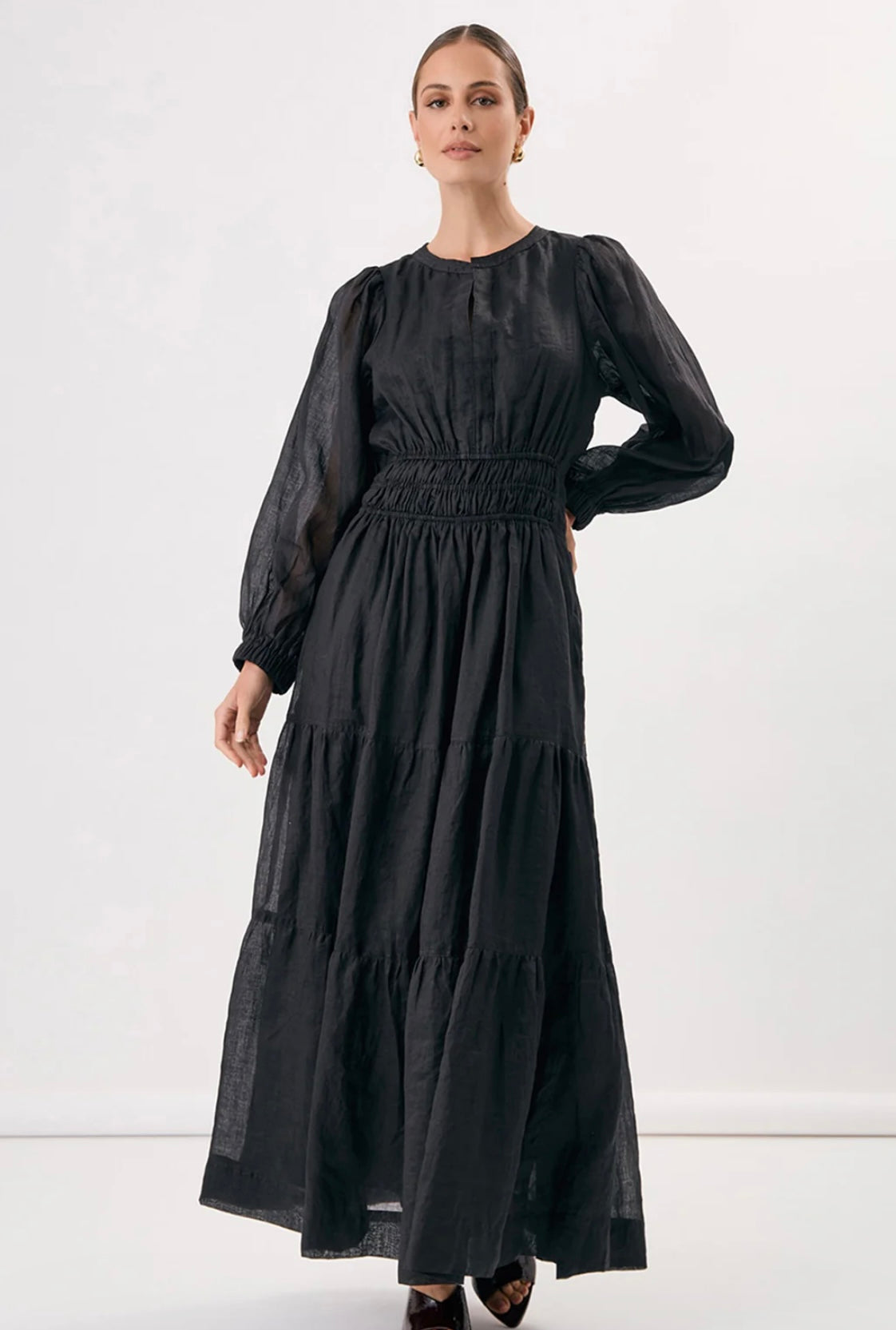 Long Sleeve Ramie Dress - Black