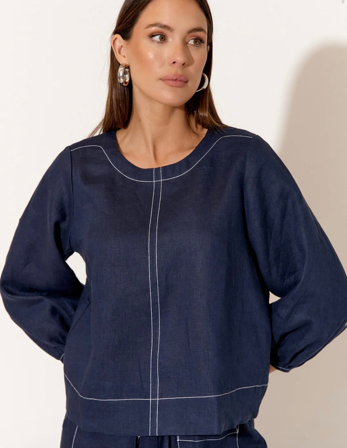 Contrast Stitch Linen Top