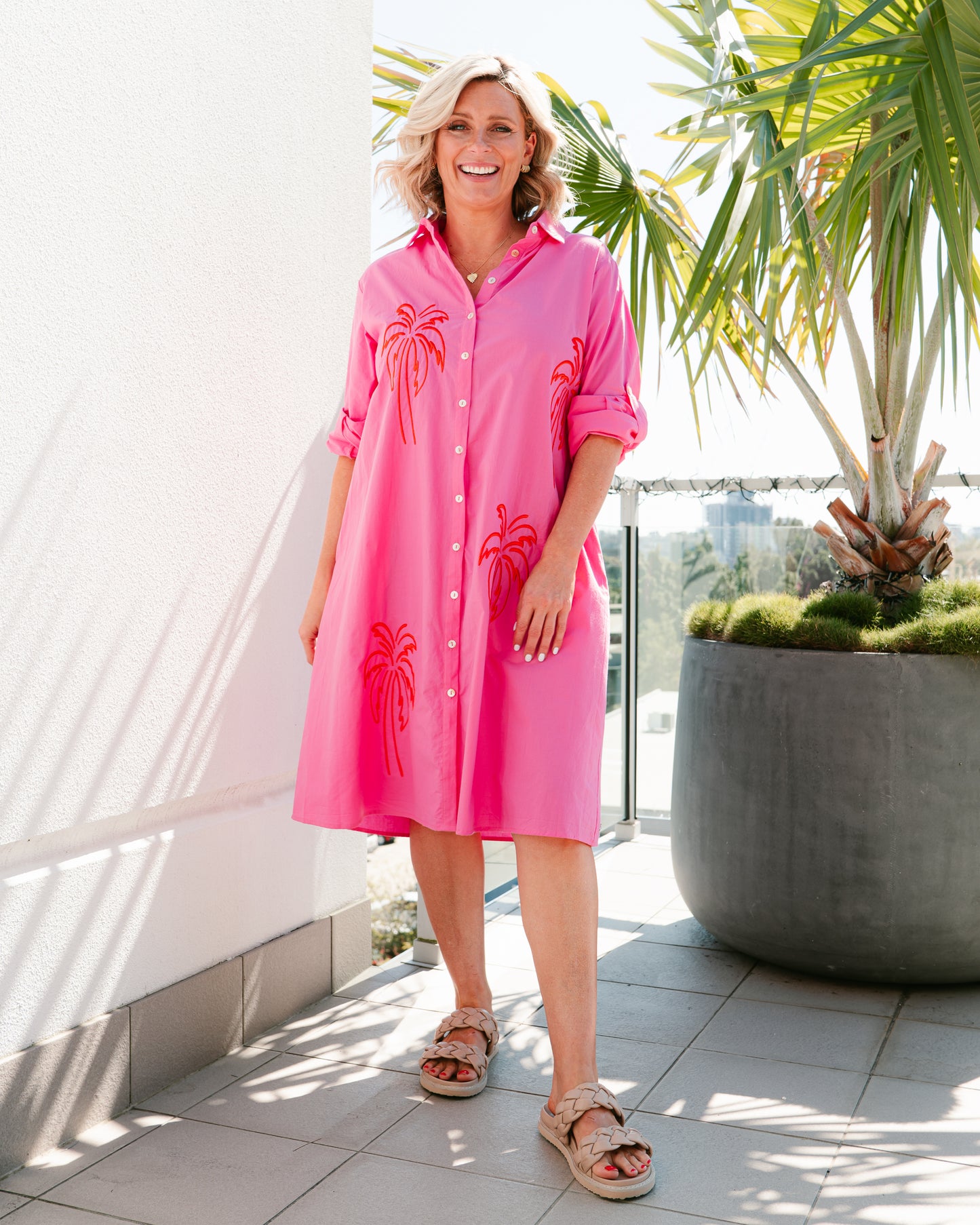 Palm Shirt Dress - Hot Pink
