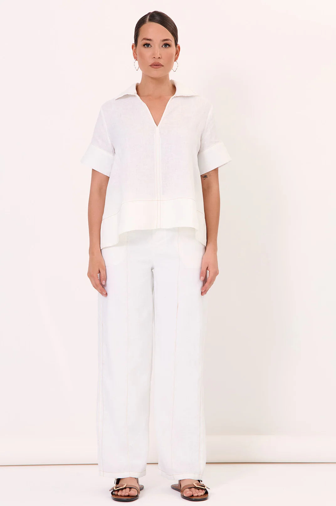 Contrast Stitch Linen Top