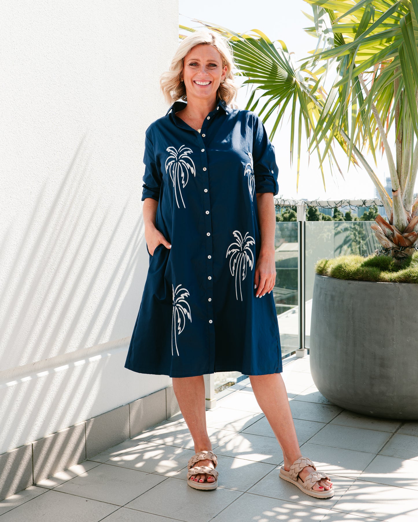 Palm Shirt Dress - Navy