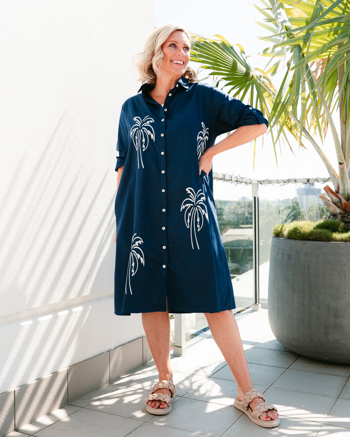 Palm Shirt Dress - Navy