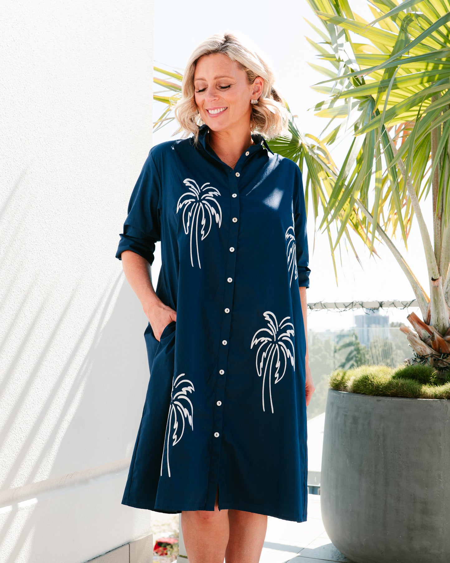 Palm Shirt Dress - Navy