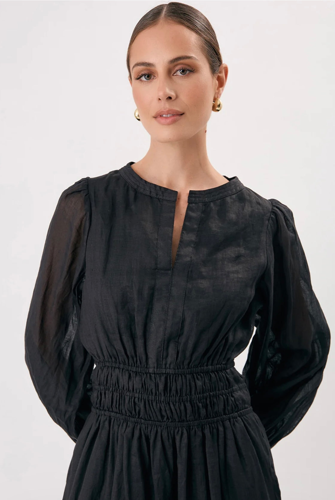 Long Sleeve Ramie Dress - Black