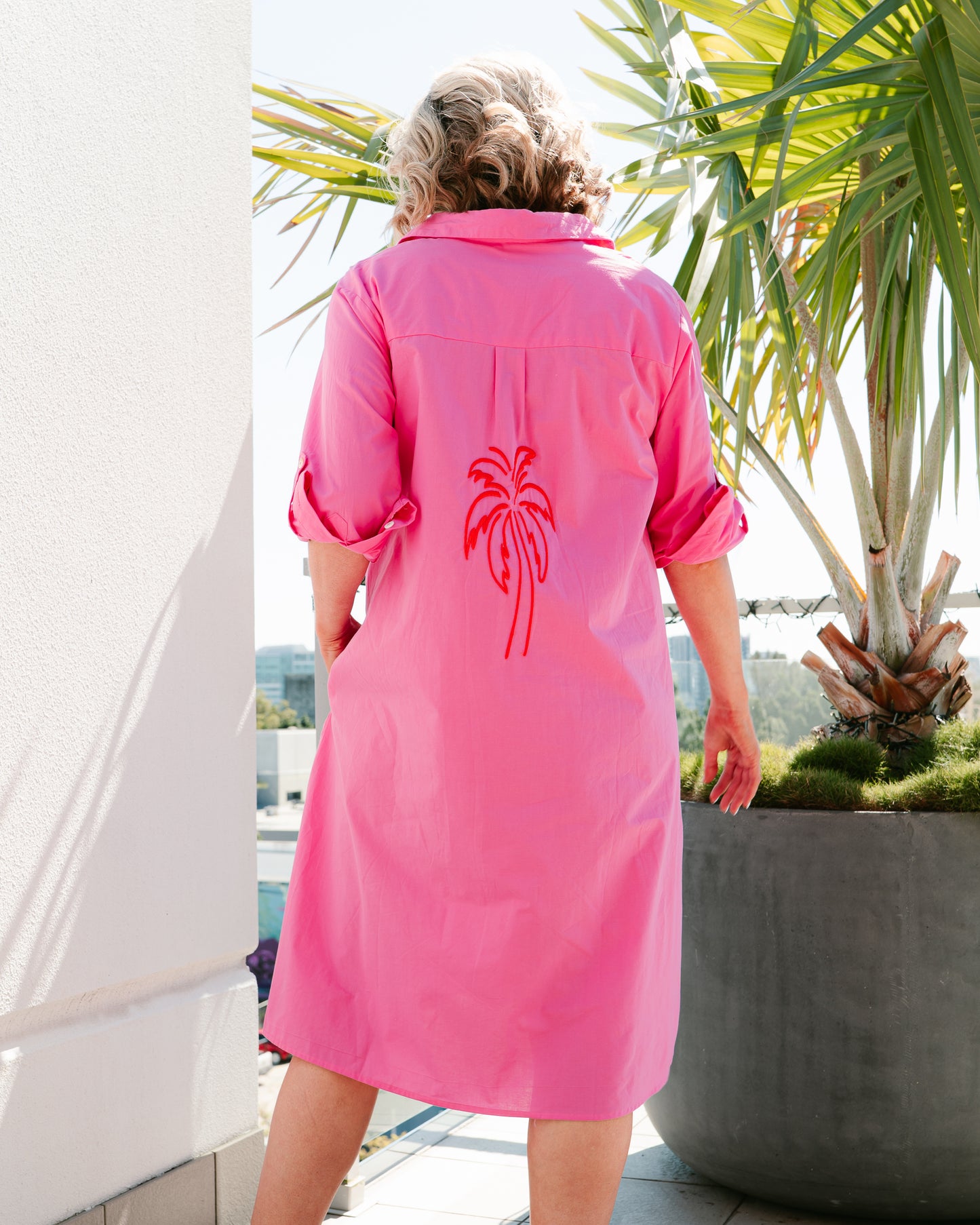 Palm Shirt Dress - Hot Pink