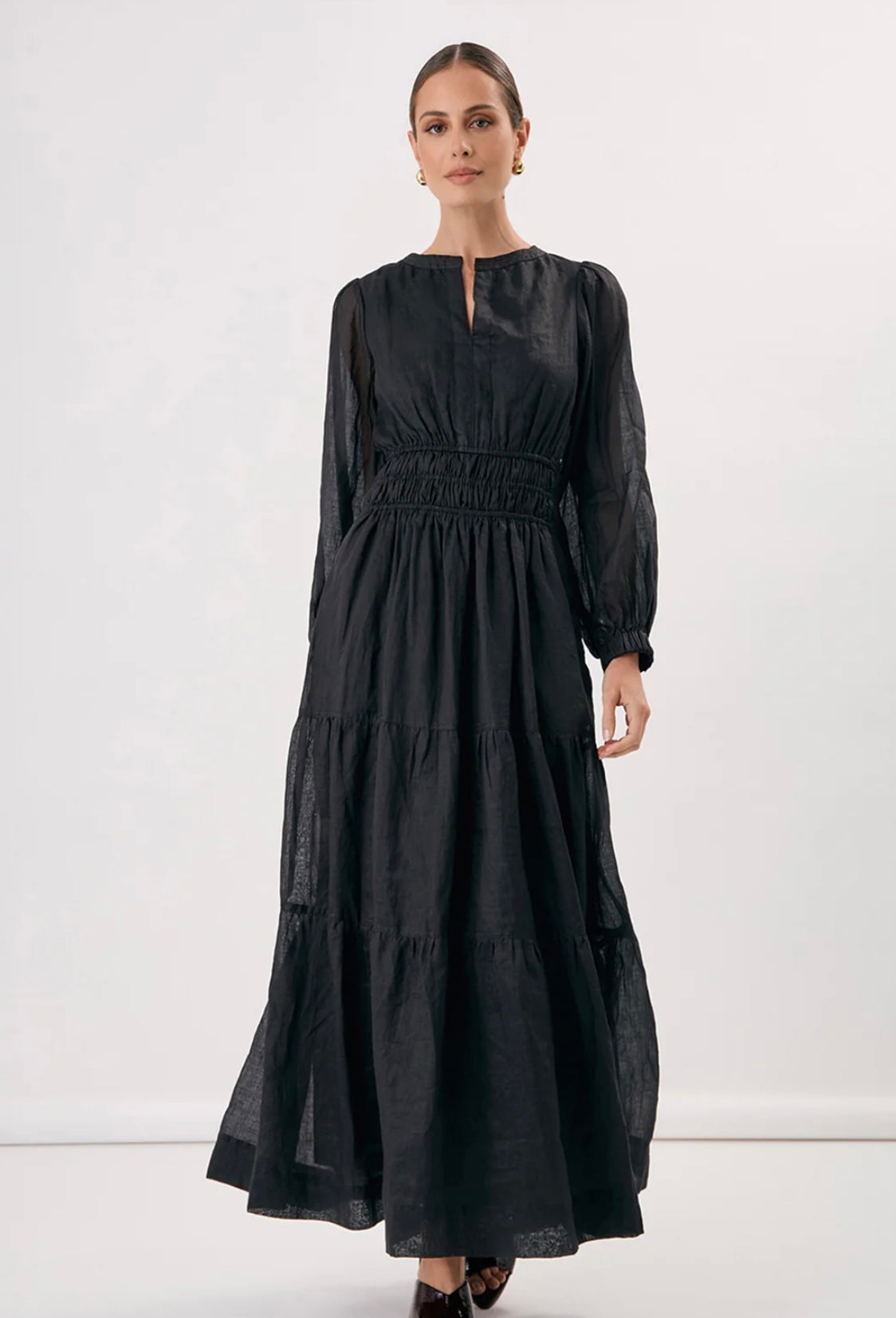 Long Sleeve Ramie Dress - Black