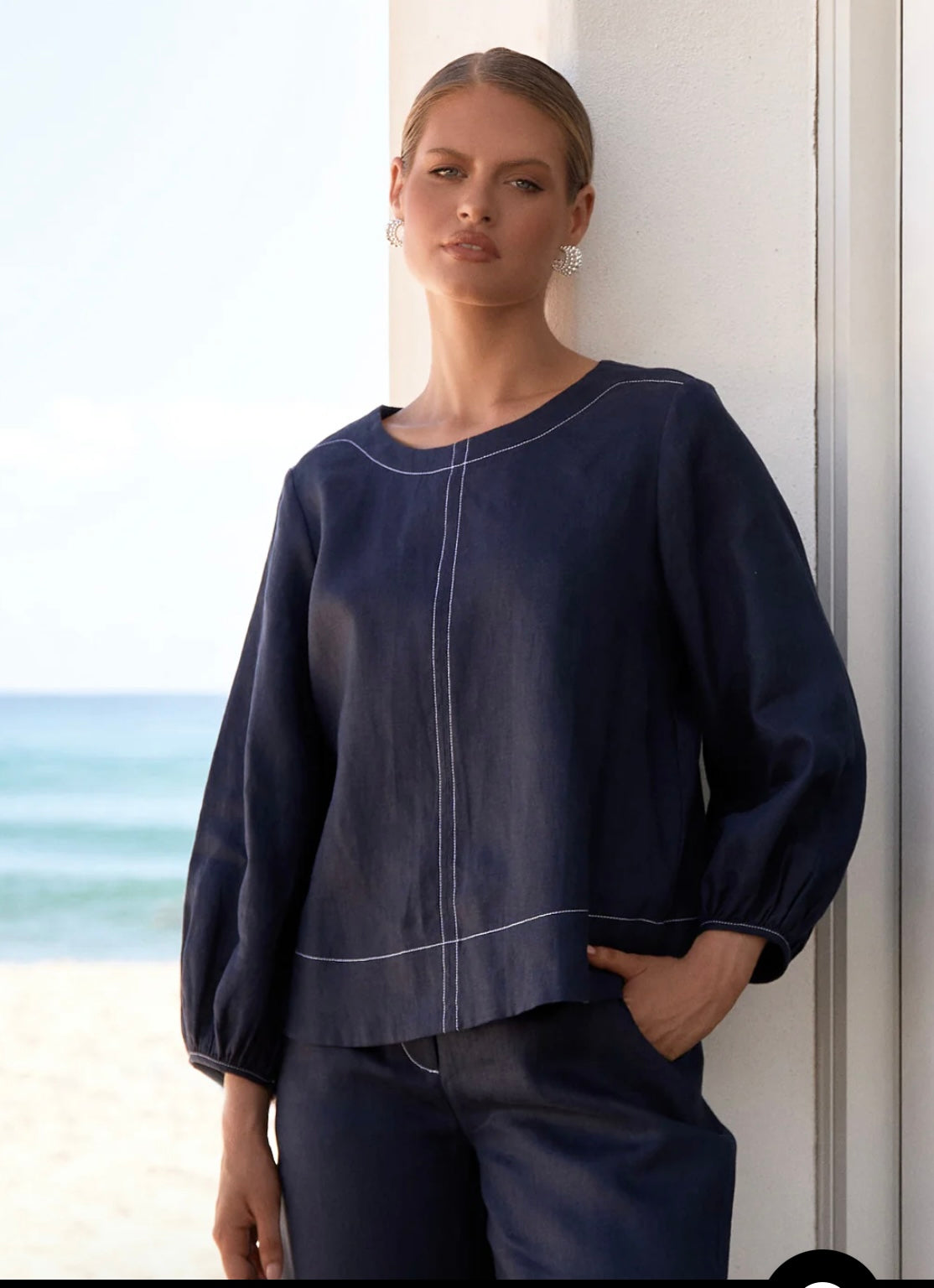 Contrast Stitch Linen Top
