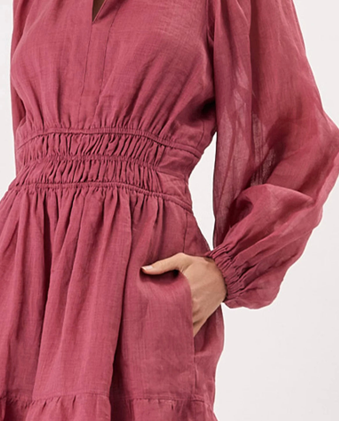 Long Sleeve Ramie Dress - Berry