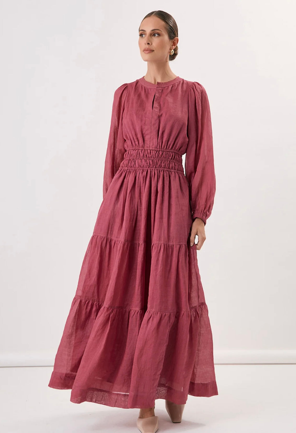 Long Sleeve Ramie Dress - Berry
