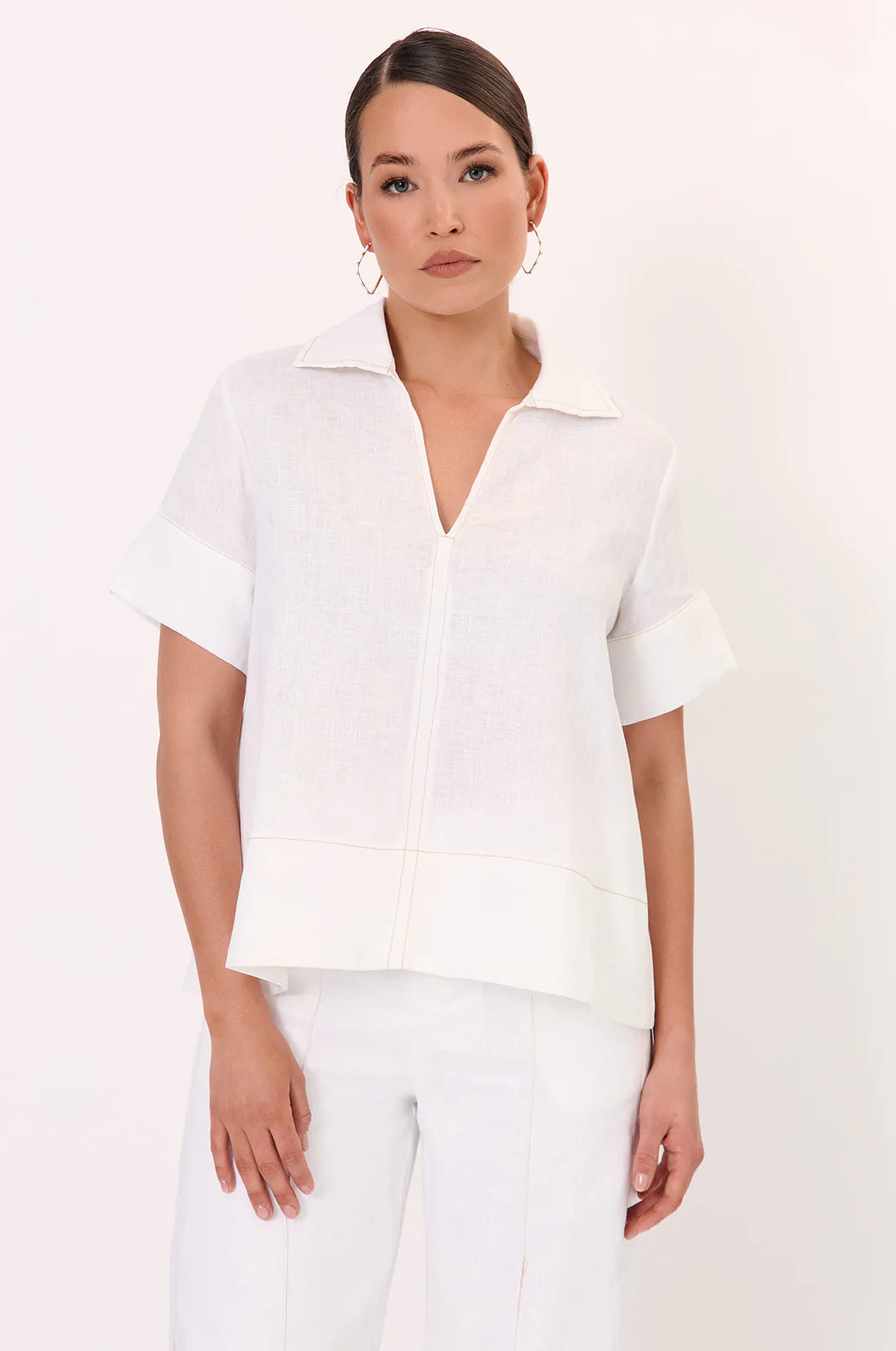 Contrast Stitch Linen Top
