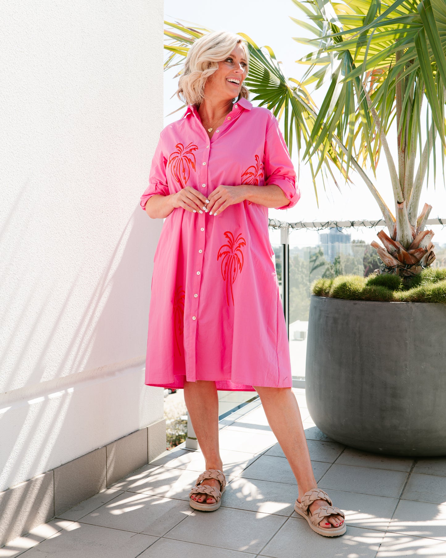 Palm Shirt Dress - Hot Pink