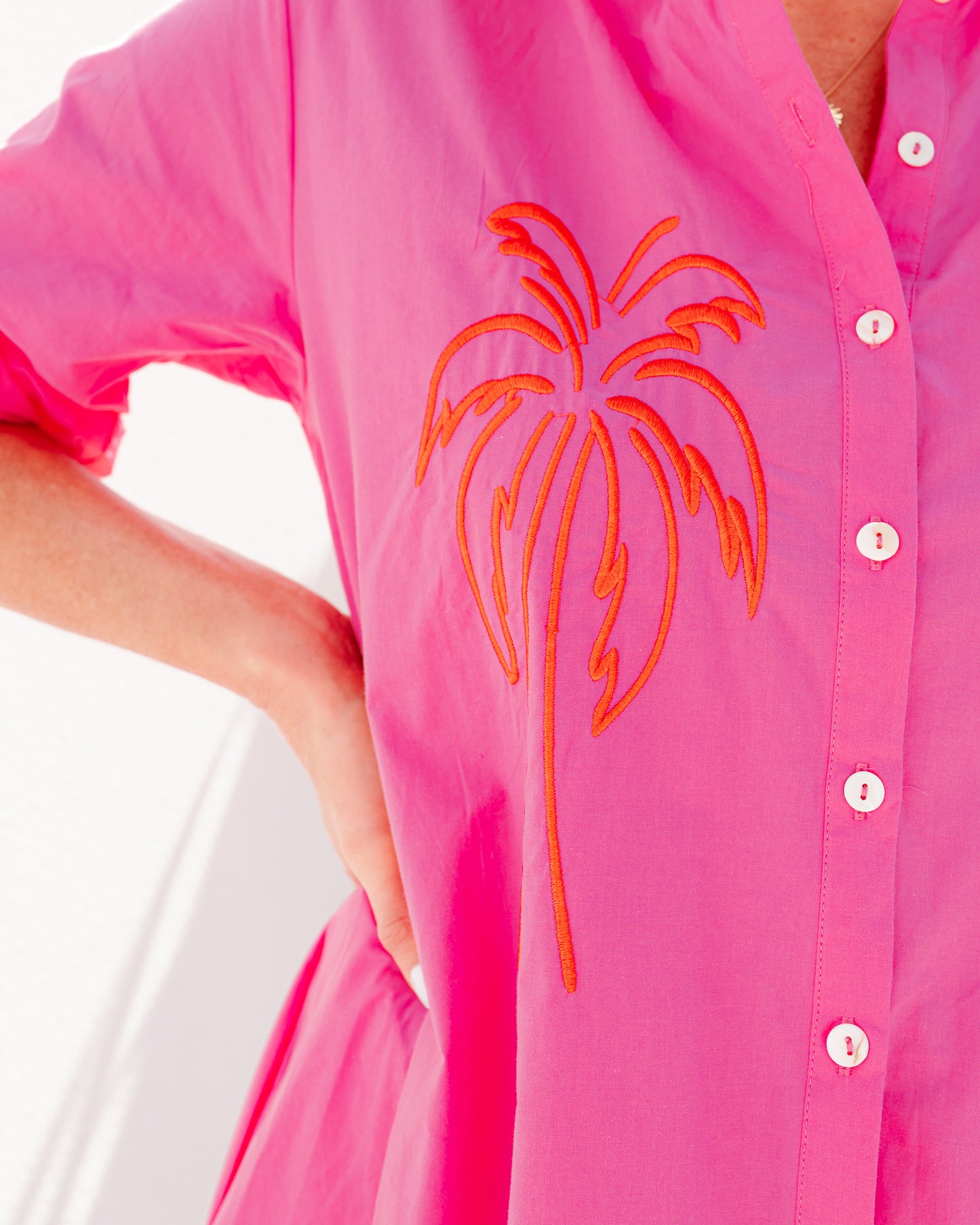 Palm Shirt Dress - Hot Pink