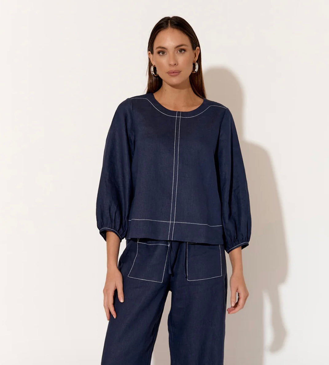 Contrast Stitch Linen Top