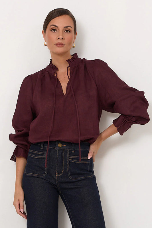 Long Sleeve Linen Top - Plum