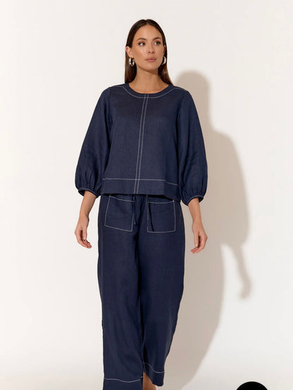 Contrast Stitch Linen Top
