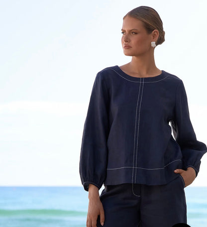 Contrast Stitch Linen Top