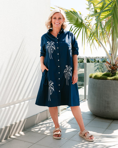 Palm Shirt Dress - Navy