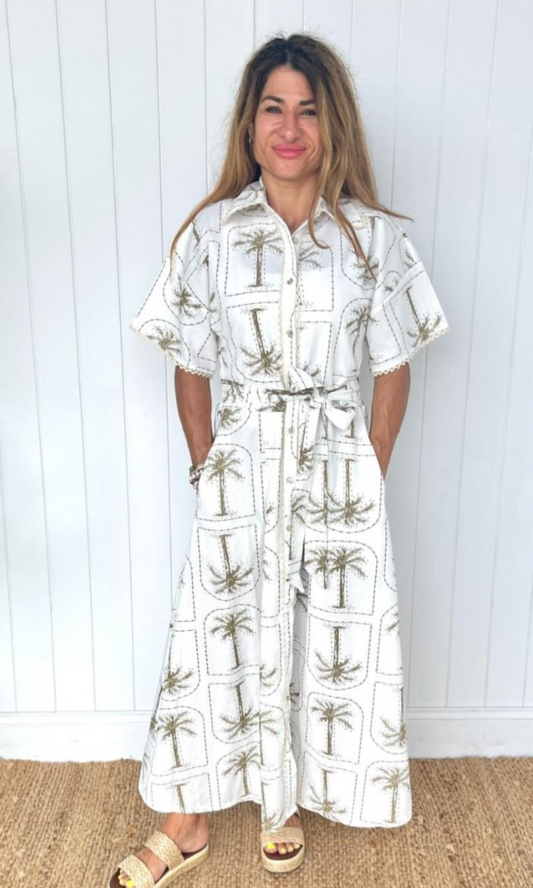 Khaki Palm Linen Dress