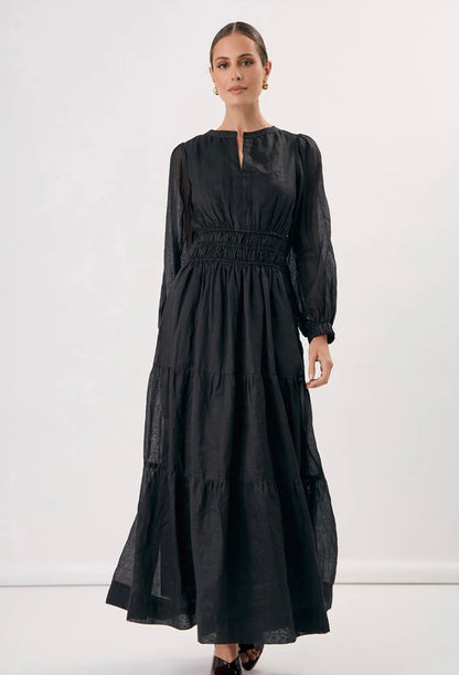 Long Sleeve Ramie Dress - Black