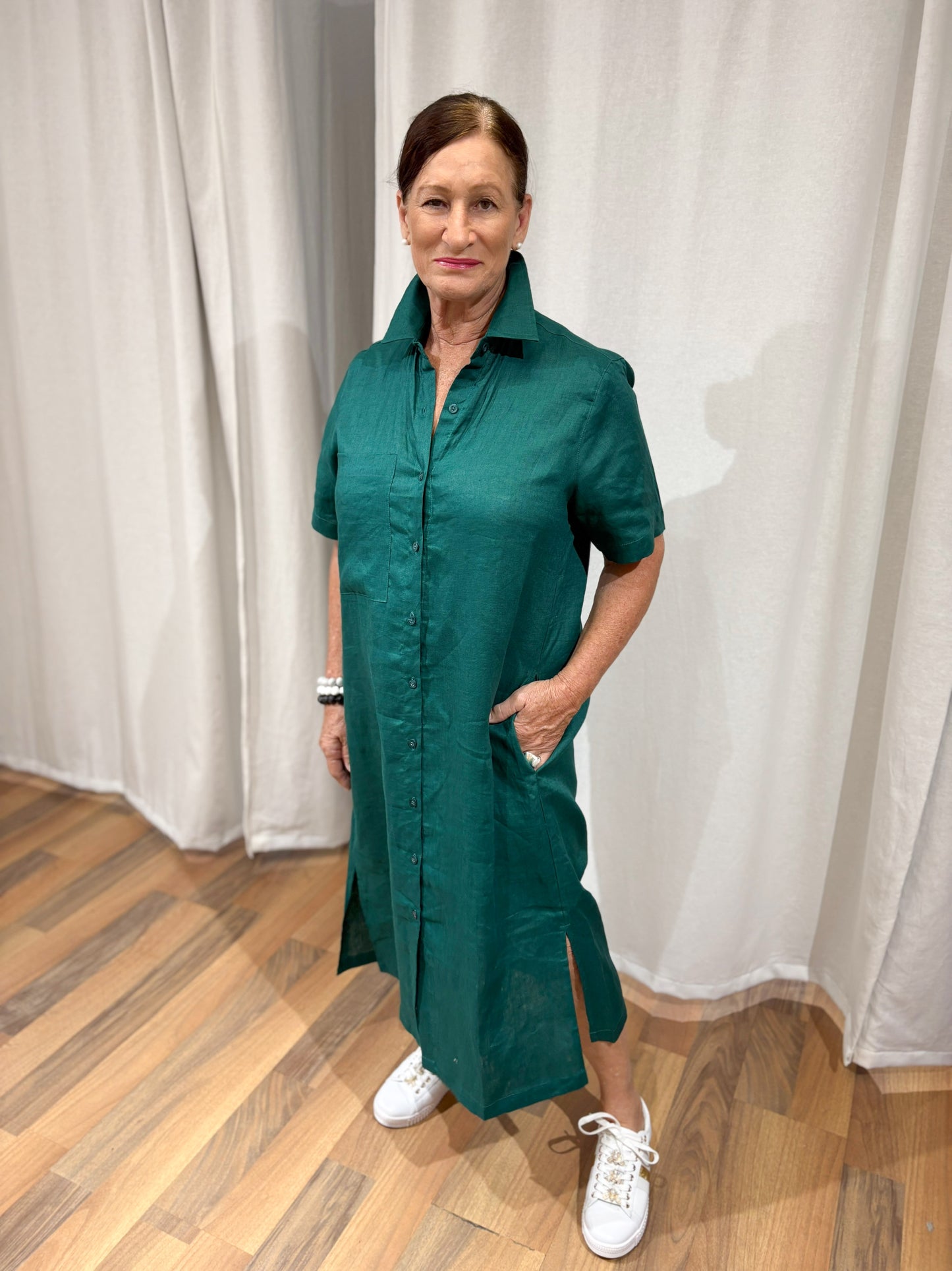 Linen Shirt Dress - Green