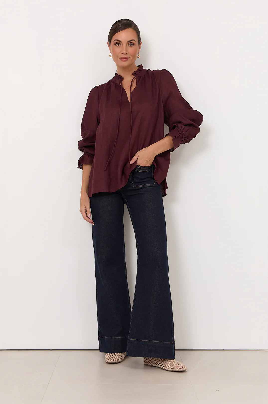 Long Sleeve Linen Top - Plum