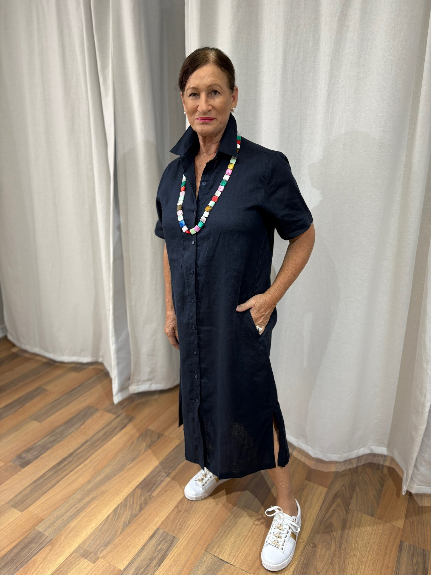 Linen Shirt Dress - Navy