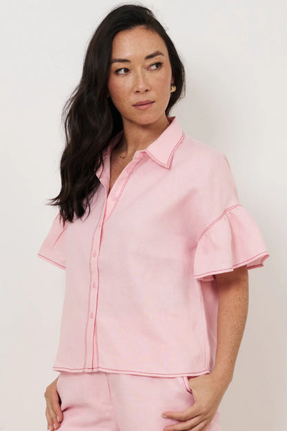 Pink Contrast Stitch Linen Shirt