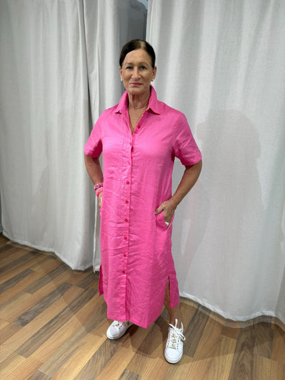 Linen Shirt Dress - Hot Pink
