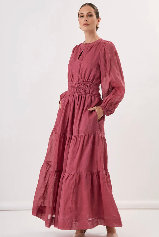 Long Sleeve Ramie Dress - Berry