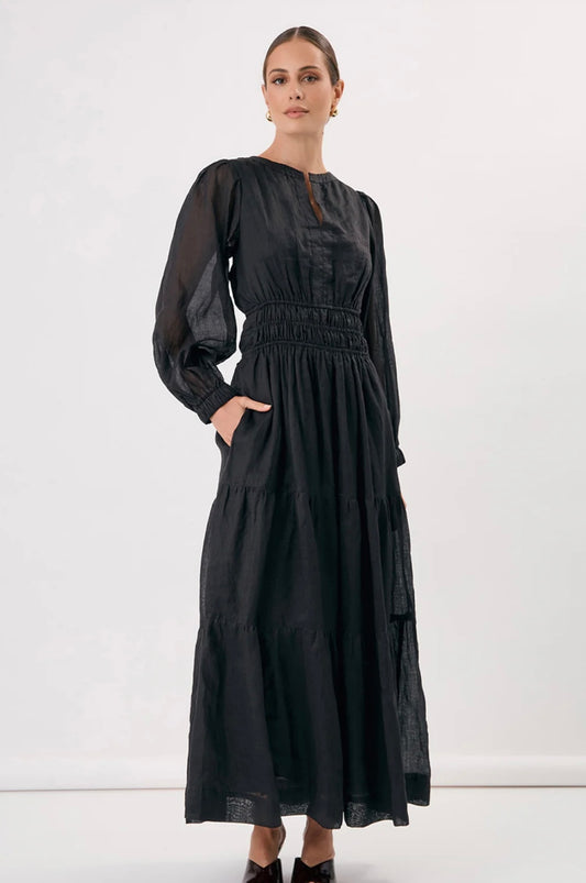 Long Sleeve Ramie Dress - Black