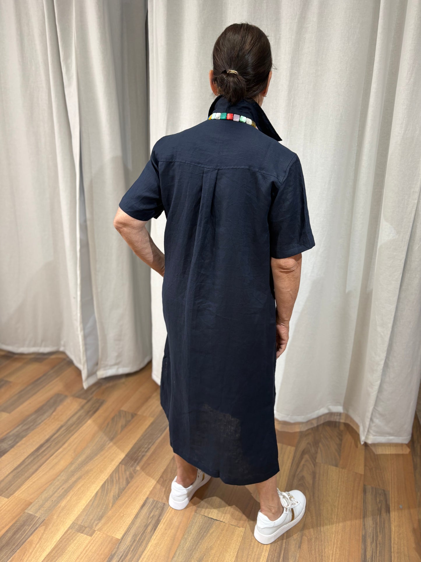 Linen Shirt Dress - Navy