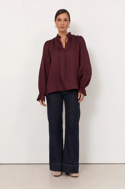 Long Sleeve Linen Top - Plum