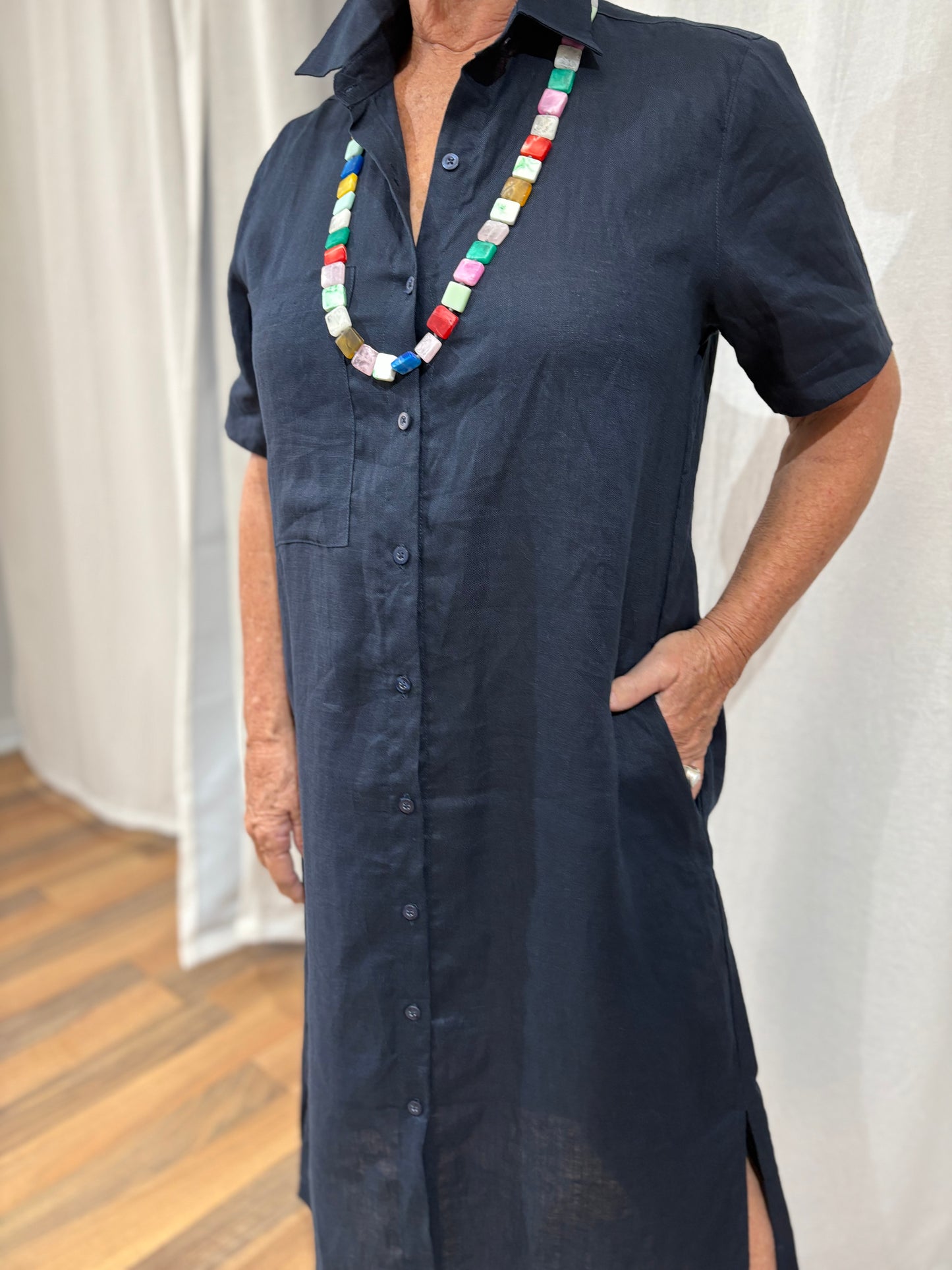 Linen Shirt Dress - Navy