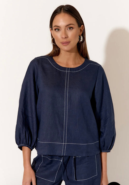 Contrast Stitch Linen Top