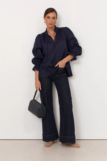 Long Sleeve Linen Top - Navy