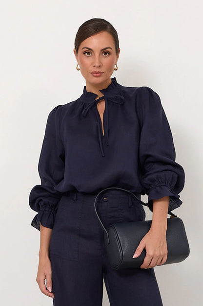 Long Sleeve Linen Top - Navy