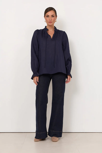 Long Sleeve Linen Top - Navy
