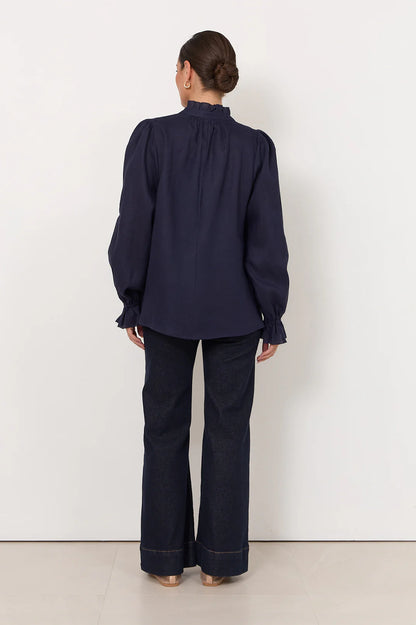 Long Sleeve Linen Top - Navy