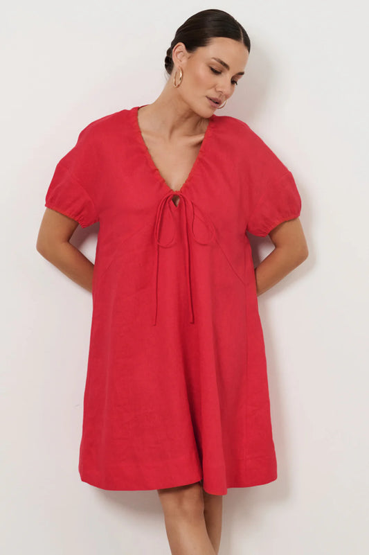 Tie Linen Dress - Red